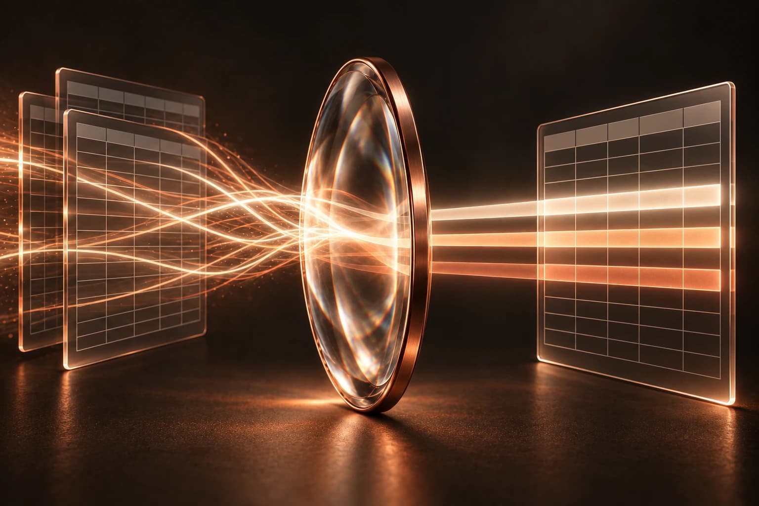 Spreadsheet pages cross the light of a lens and become an organized file.