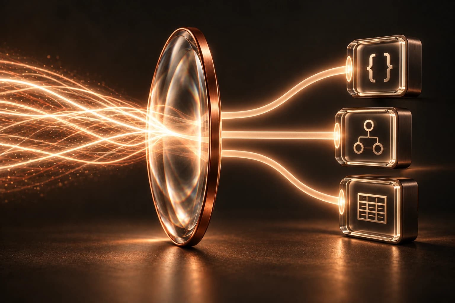 Rays leaving the lens reach three modules representing an API, an automation and a table.
