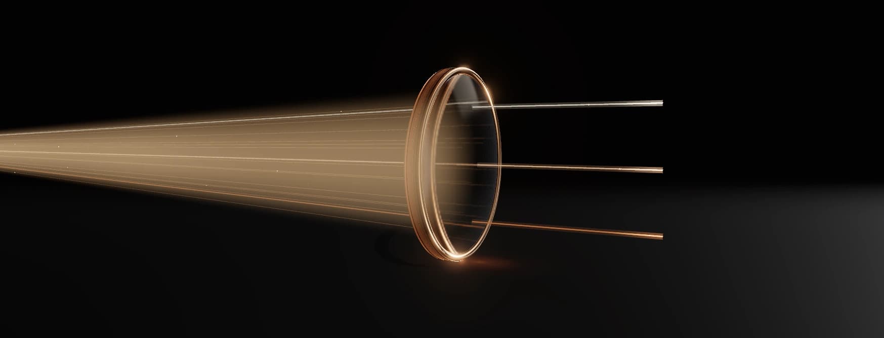 A copper-rimmed glass lens transforms incoming light into three outgoing rays.