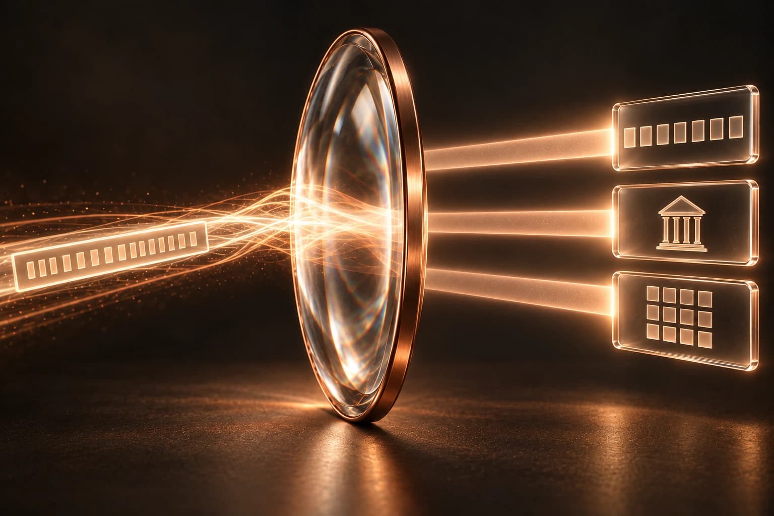 Light passes through a metal-rimmed lens and illuminates three separate data panels.